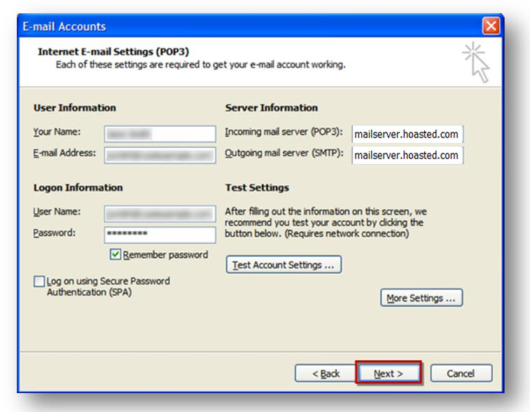 Internet E-mail Settings dialog