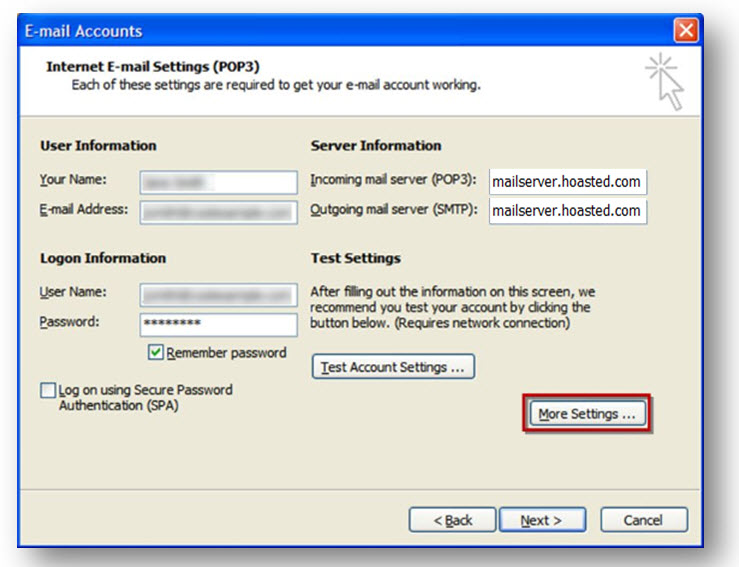 Internet Email Settings wizard